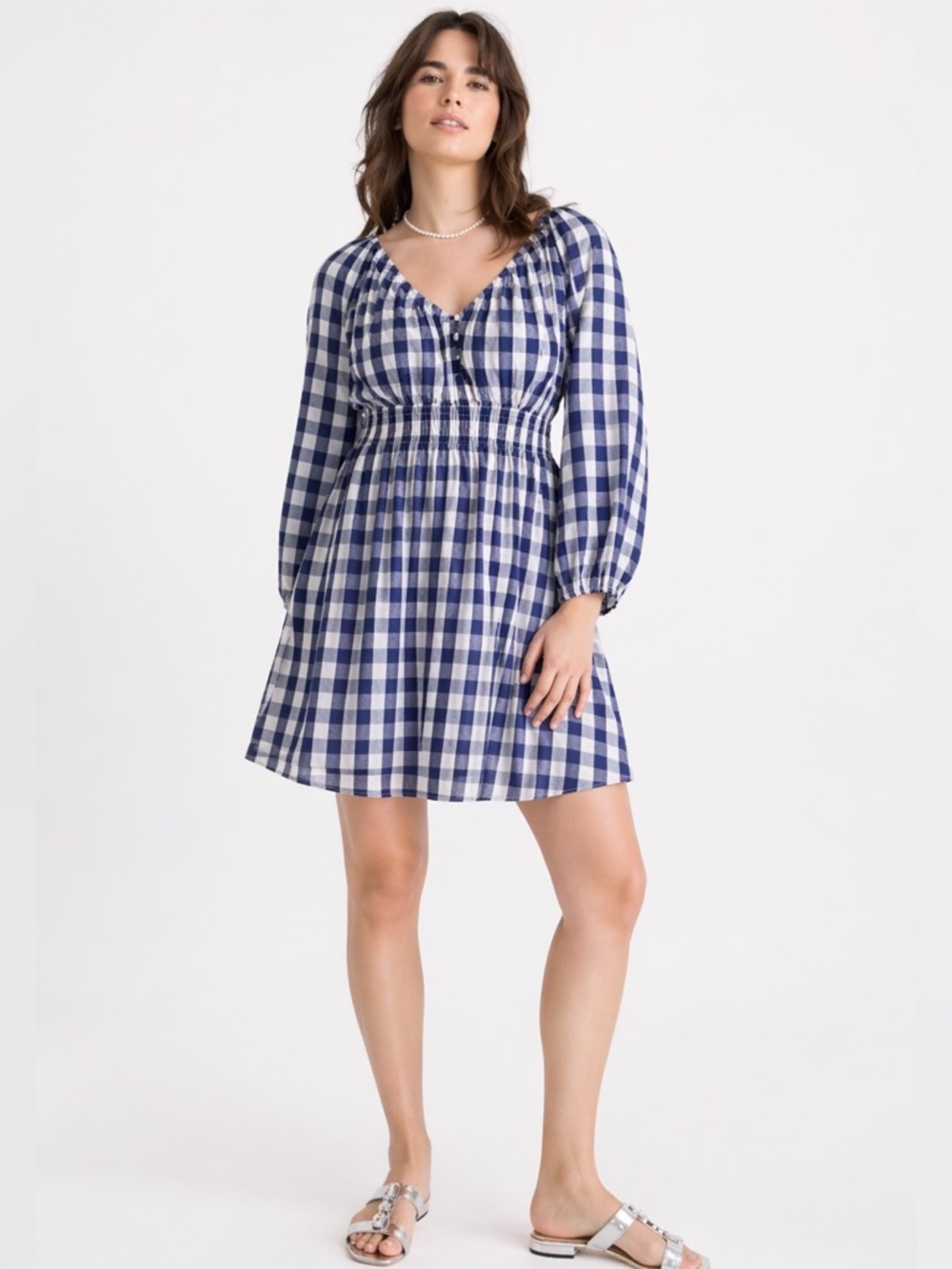 J.Crew Navy Gingham V-Neck Smocked Mini Dress Size S NWT Puff Sleeve Cotton - Picture 2 of 12